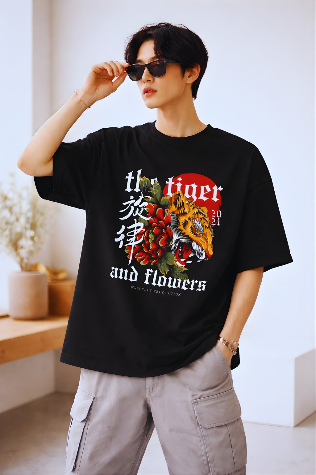 Biacas Tiger & Flowers Oversized Graphic T-Shirt