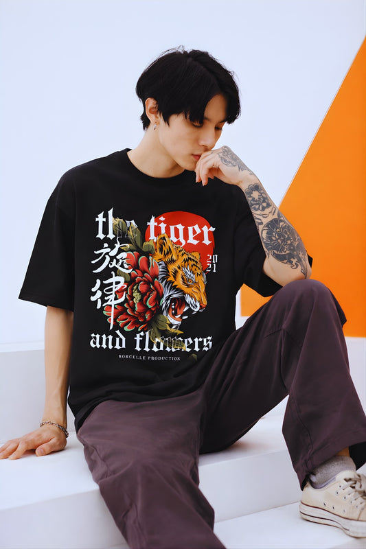 Biacas Tiger & Flowers Oversized Graphic T-Shirt