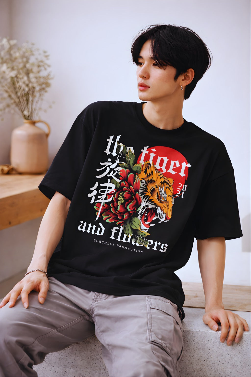 Biacas Tiger & Flowers Oversized Graphic T-Shirt