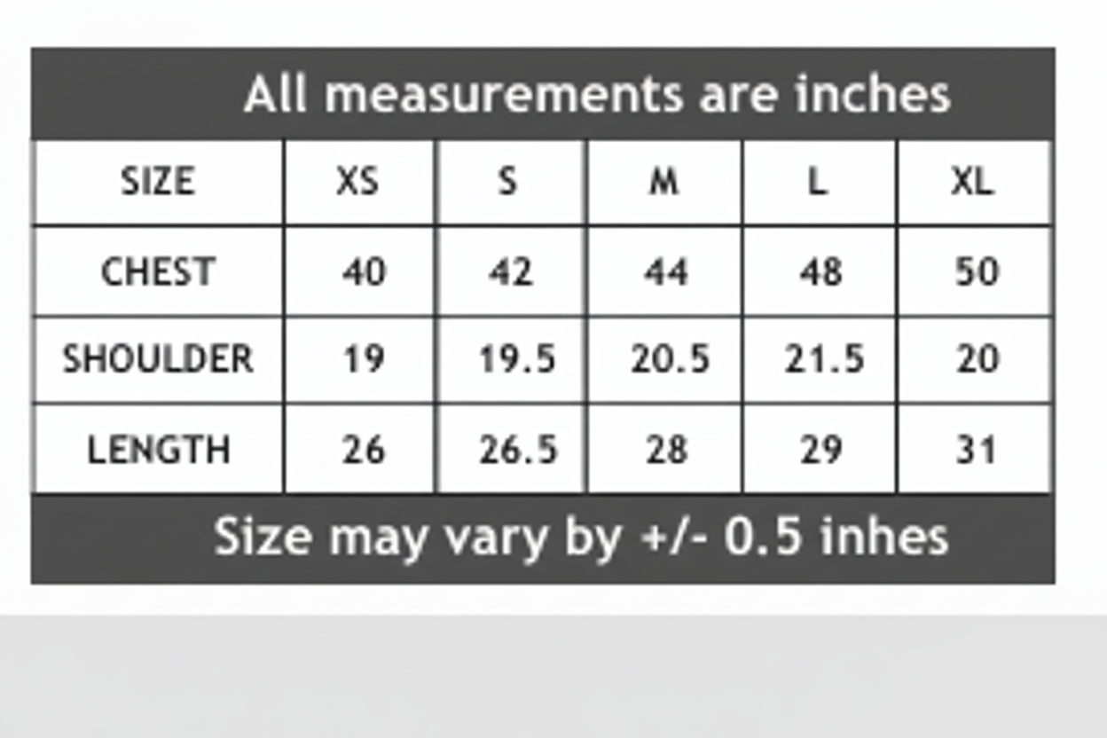 Enhanced T-shirt size chart