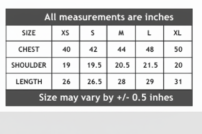 Enhanced T-shirt size chart