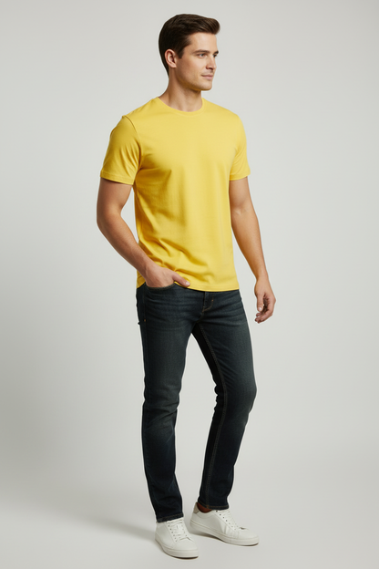 Yellow T-shirt 3/4 angle model photo