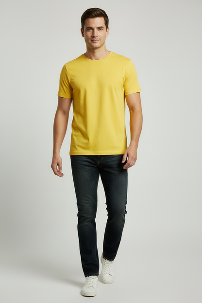 Yellow T-shirt walking pose model photo